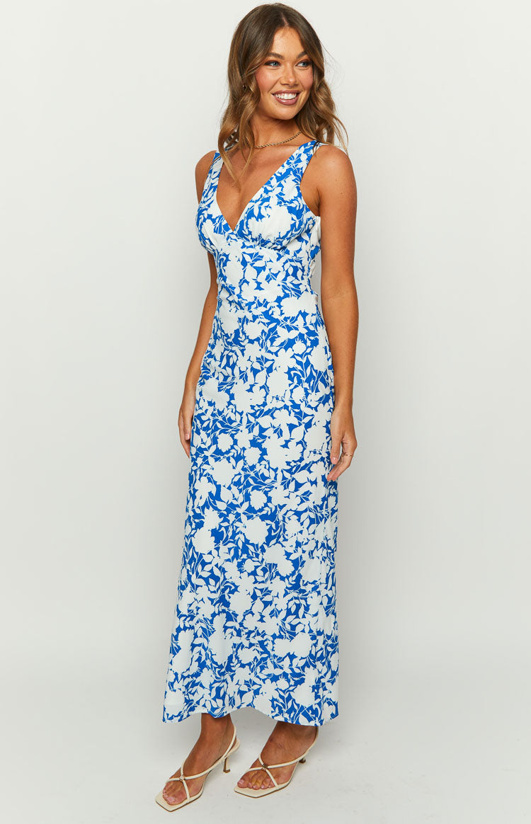 Blue Floral Sleeveless Maxi Dress