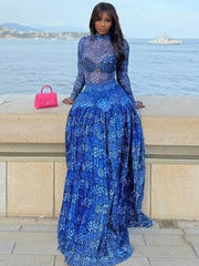 Blue Floral Long Sleeves Maxi Dress