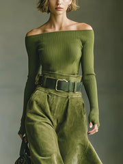 Green Off-Shoulder Top and Faux Suede Skirt Two Piece Set
