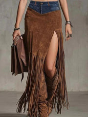 Brown Suede Fringe Maxi Skirt