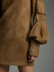 Khaki Suede Turtleneck Mini Dress