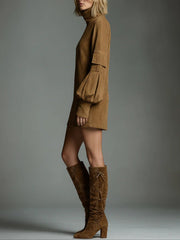 Khaki Suede Turtleneck Mini Dress