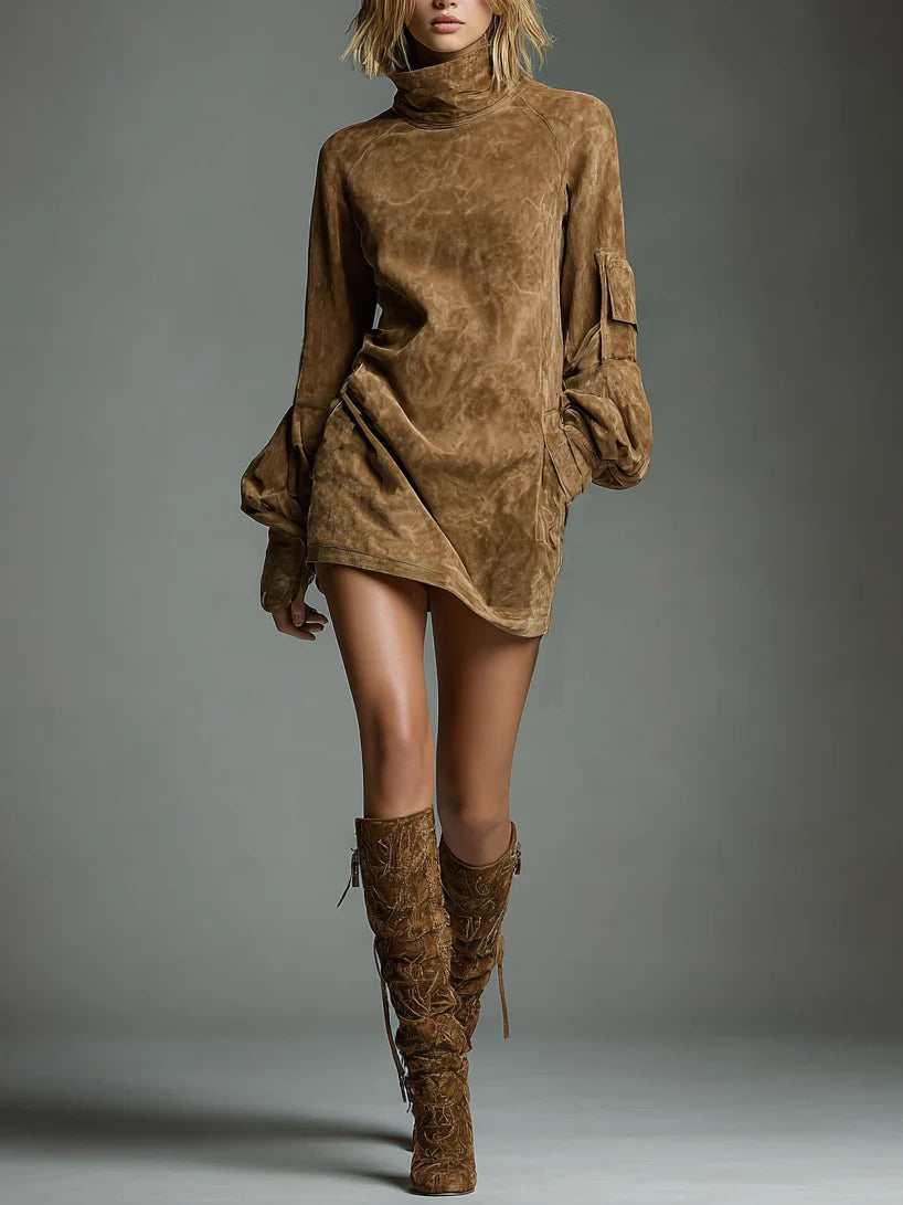 Khaki Loose Suede Turtleneck Mini Dress