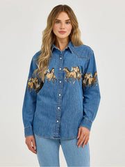 Blue Denim Hourse Print Button Down Shirt