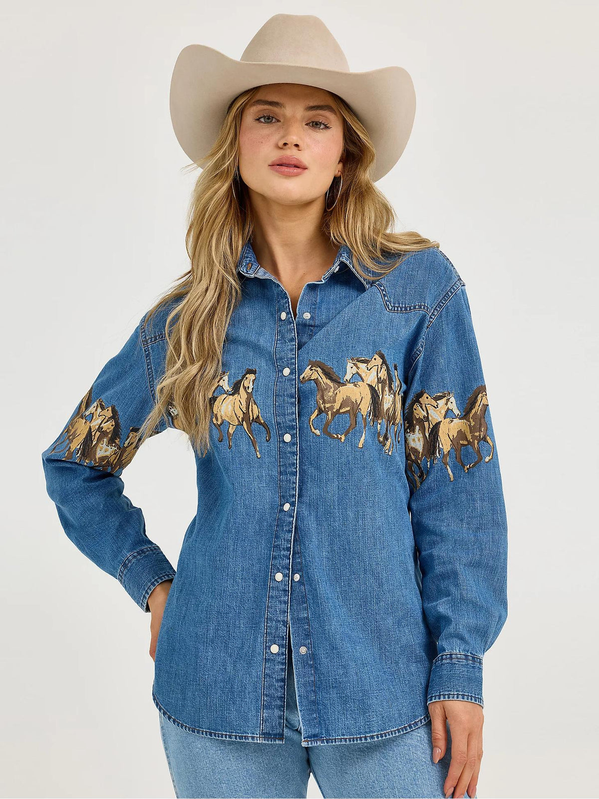 Blue Denim Hourse Print Button Down Shirt