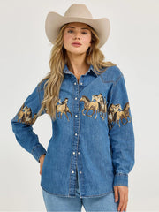 Blue Denim Hourse Print Button Down Shirt