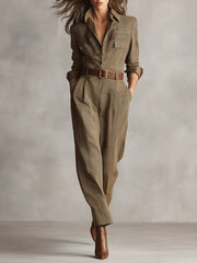 Casual Brown Plaid Tweed Texture Utility Jumpsuit