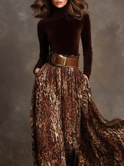 Velvet Turtleneck Top and Leopard Print Skirt Two Peice Set
