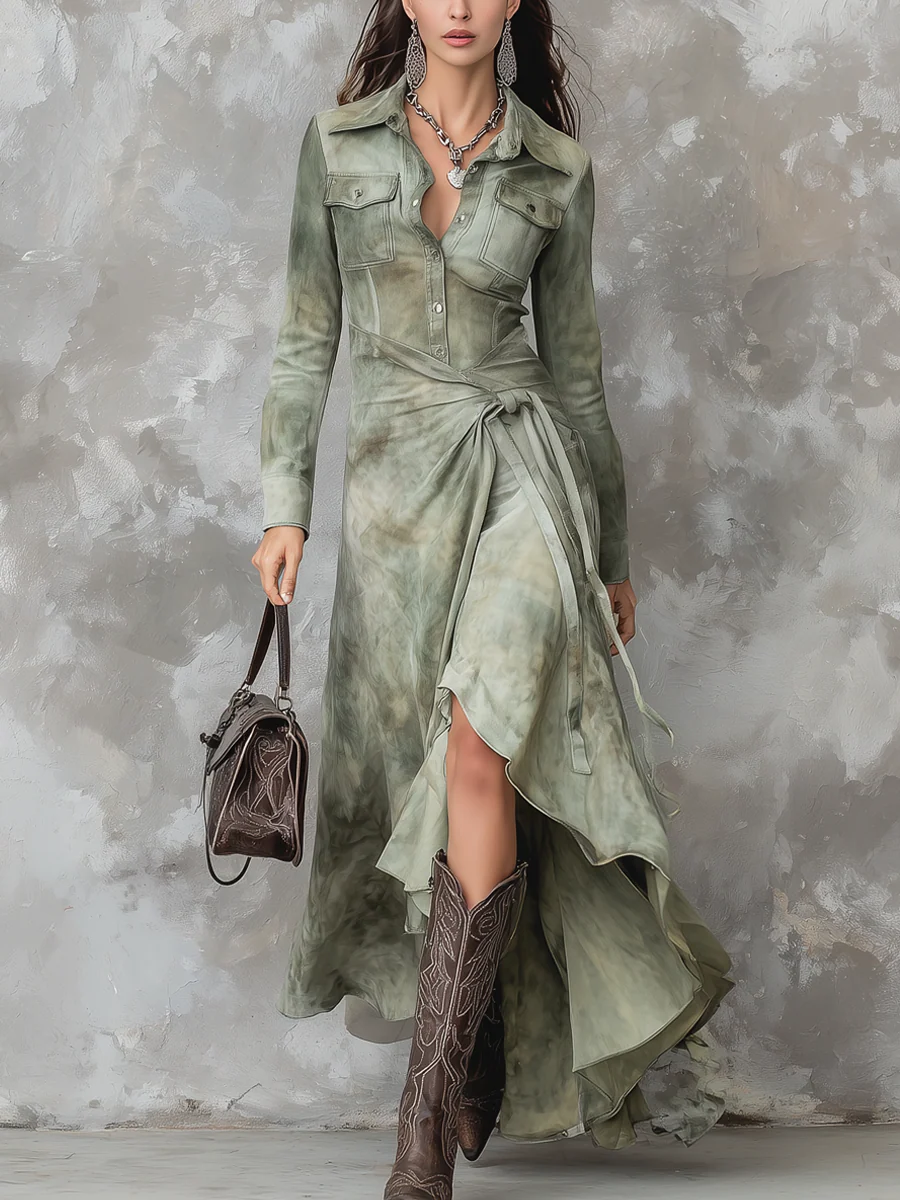 Sage Green Tie-Dye Suede Maxi Dress
