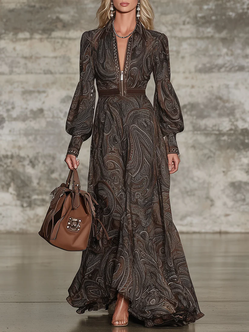 Vintage Paisley Print Zip Maxi Dress