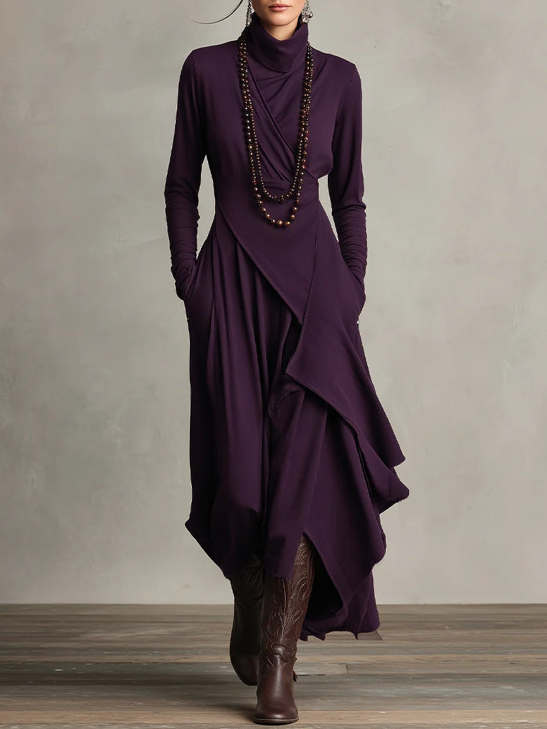 Purple Turtleneck Long Sleeves Maxi Dress