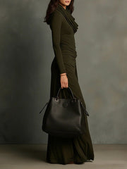 Olive Green Draped Neckline Maxi Dress