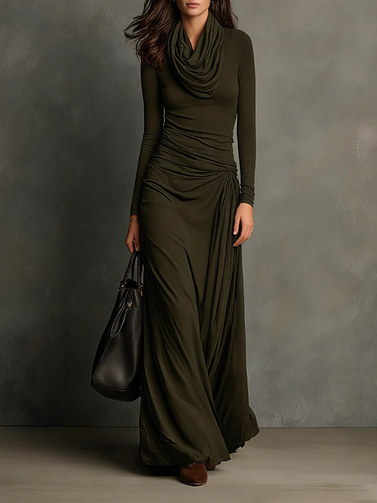 Olive Green Draped Neckline Maxi Dress
