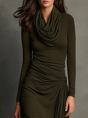 Olive Green Draped Neckline Maxi Dress