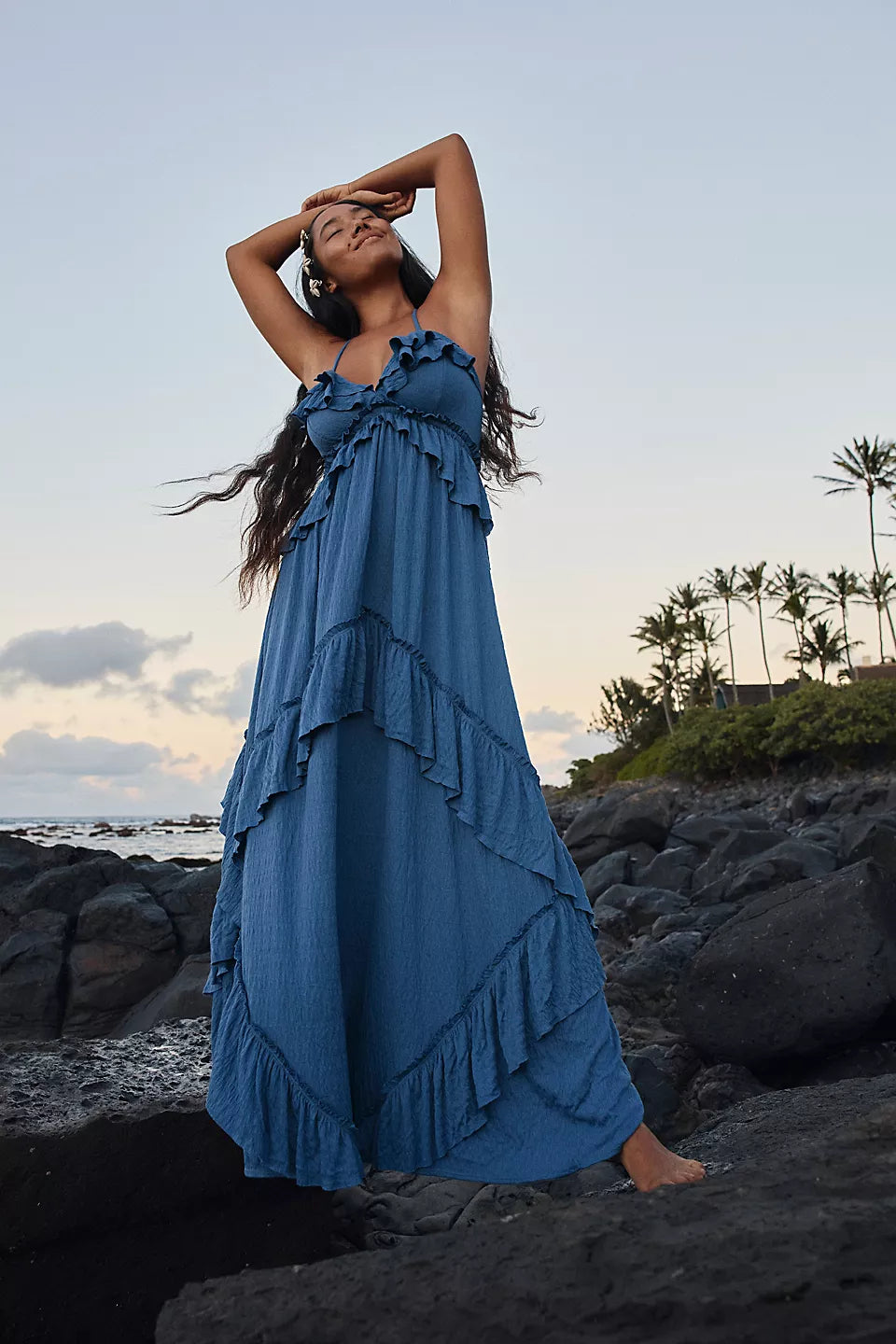 Navy Blue Frilled Halter Midi Dress