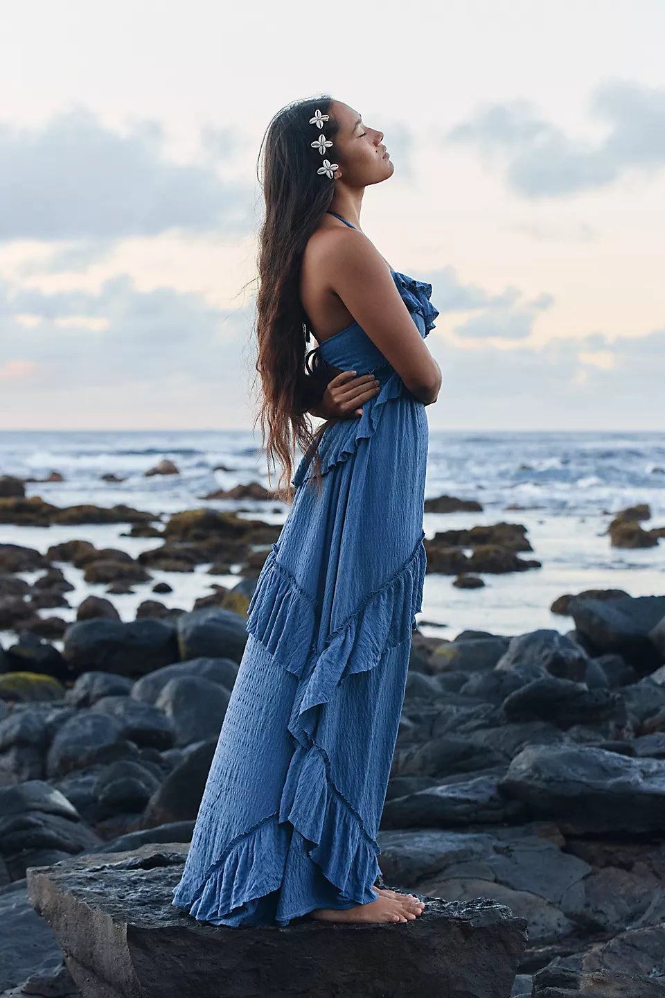 Navy Blue Frilled Halter Midi Dress