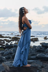 Navy Blue Frilled Halter Midi Dress