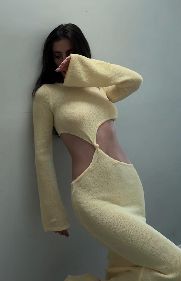 Yellow Long Sleeve Knit Maxi Dress