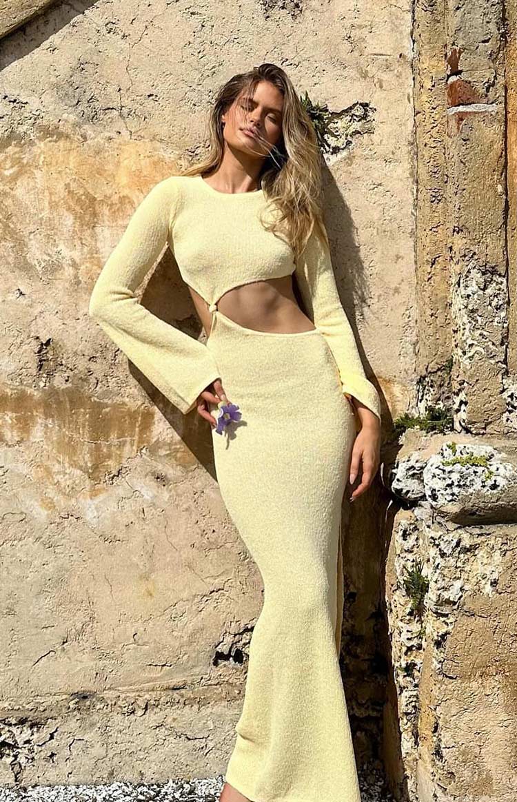 Yellow Long Sleeve Knit Maxi Dress