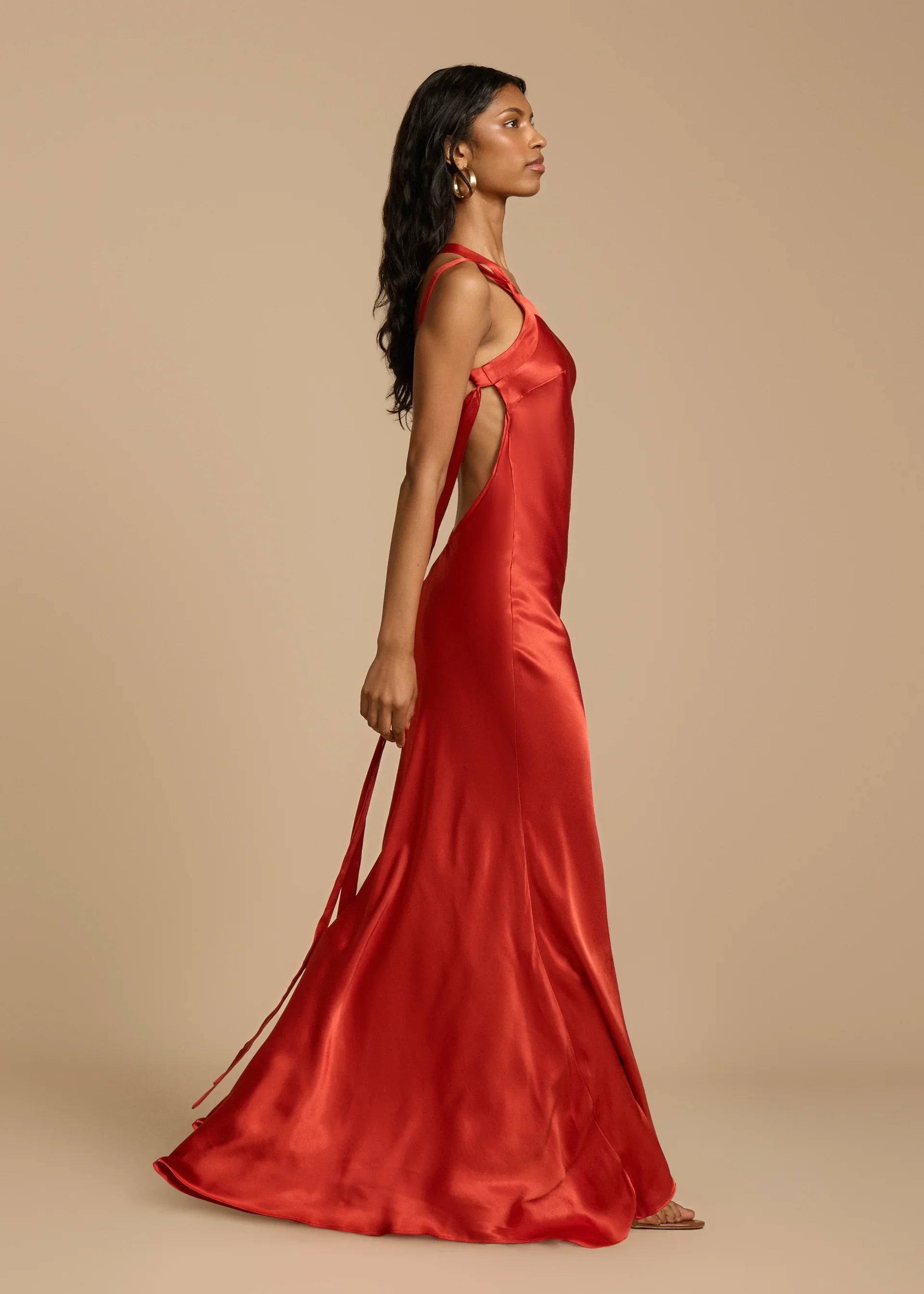 Orange Red Satin One Shoulder Maxi Dress