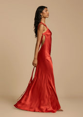 Orange Red Satin One Shoulder Maxi Dress