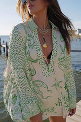 Satin Tribal Print Shirt and Shorts Two Piece Suits