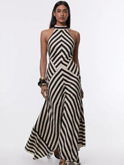 Black White Stripe Maxi Halter Dress
