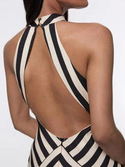 Black White Stripe Maxi Halter Dress