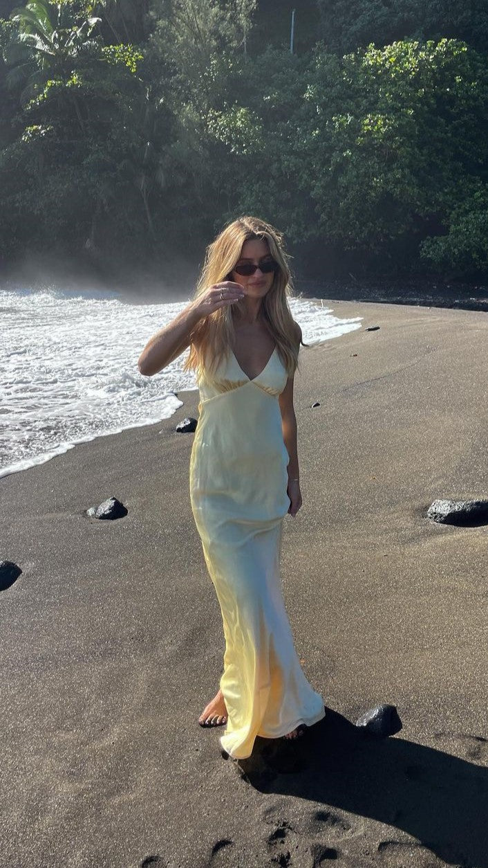 Light Yellow Satin V Neck Maxi Dress