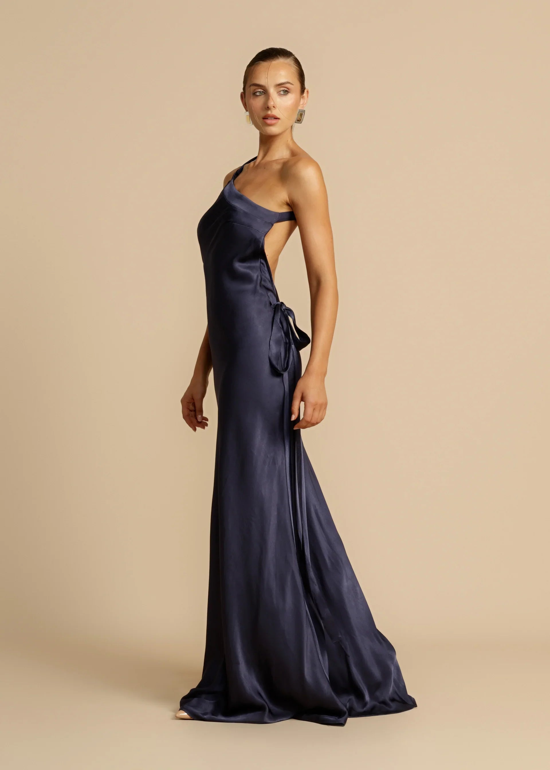 Orange Red Satin One Shoulder Maxi Dress