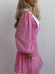Pink Floral Long Sleeves Chiffon Mini Dress