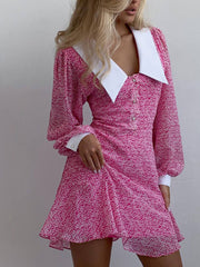 Pink Floral Long Sleeves Chiffon Mini Dress