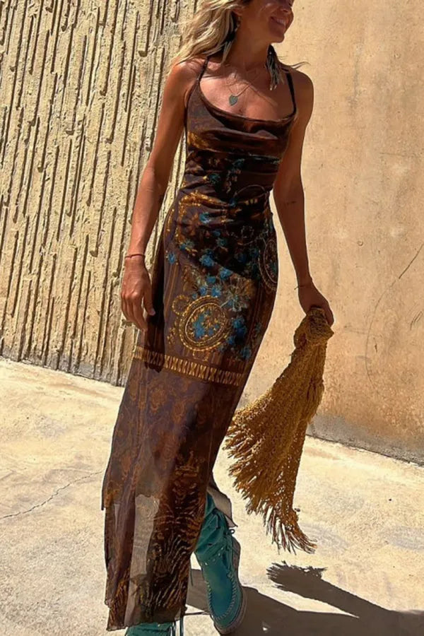 Gypsy Style Cowl Neck Slip Midi Dress