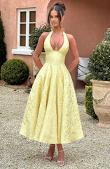 Lemon Plunging Halter Neck Midi Dress