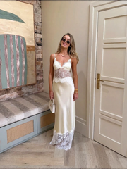 Satin and Lace Paneled Sleeveless Maxi Dress