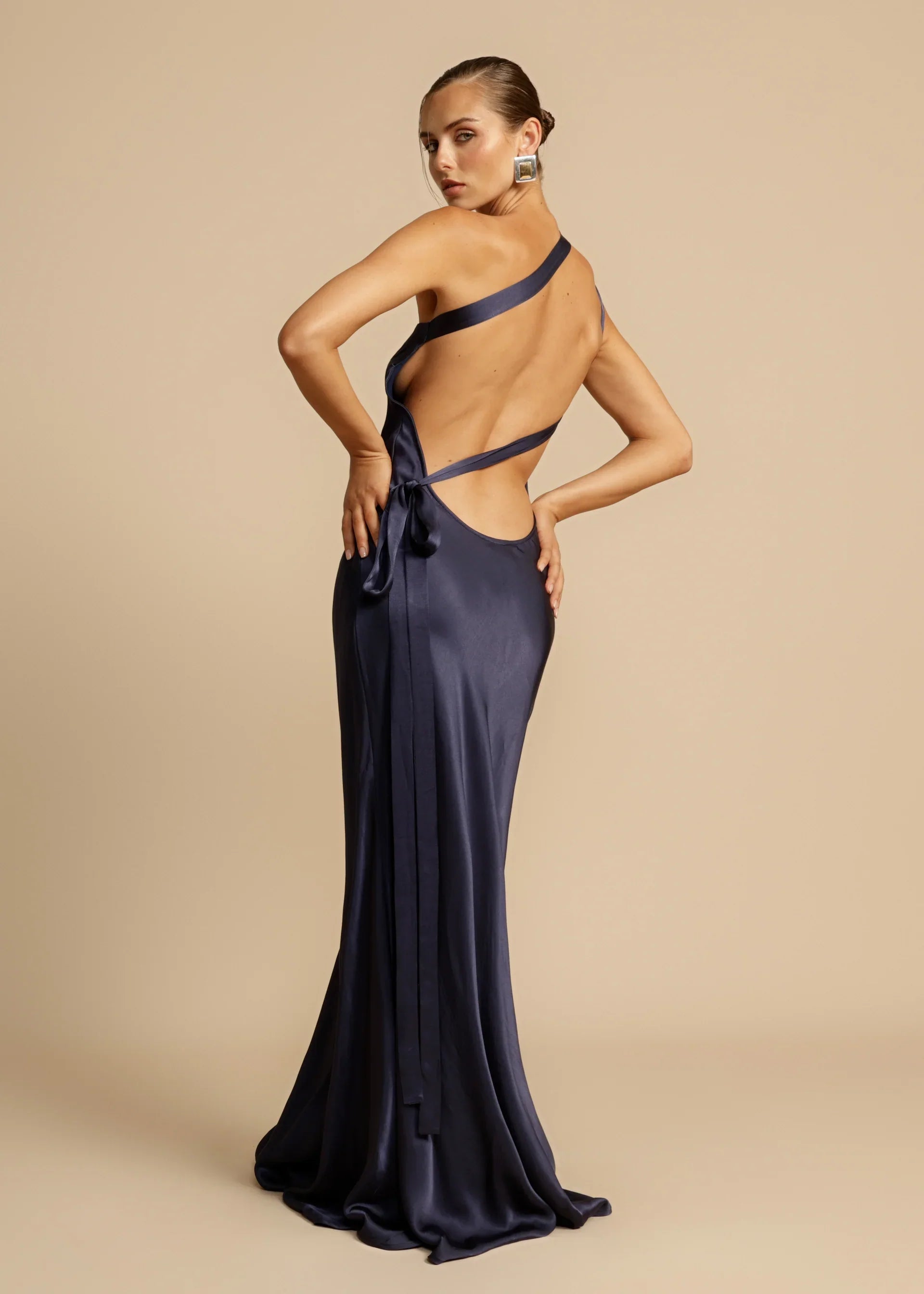 Orange Red Satin One Shoulder Maxi Dress