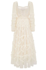 Fairytale Sweetheart Belted Dotted Tulle Layered Ruffle Maxi Gown Dress - Beige