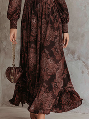 Brown Paisley Print Long Sleeves Midi Dress