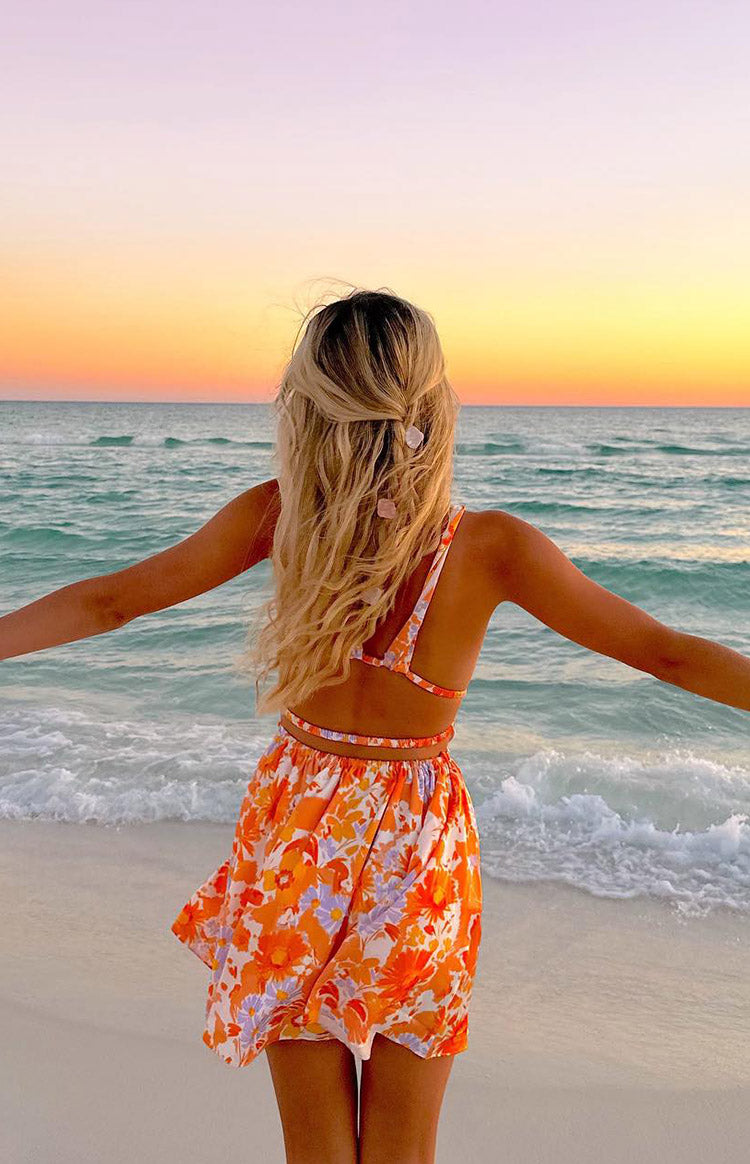 Orange Floral Plunging Mini Dress