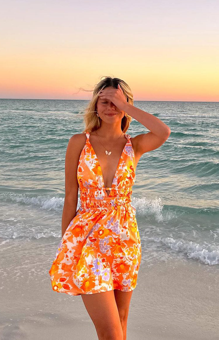 Orange Floral Plunging Mini Dress