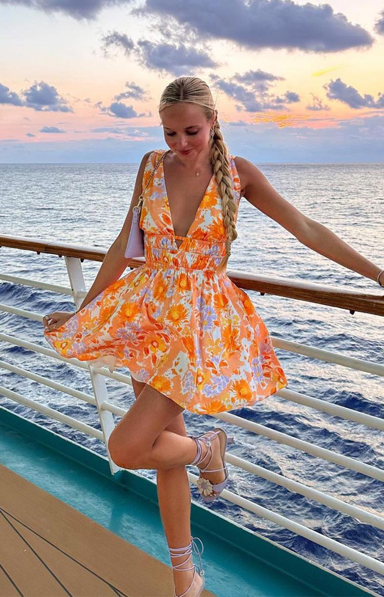 Orange Floral Plunging Mini Dress