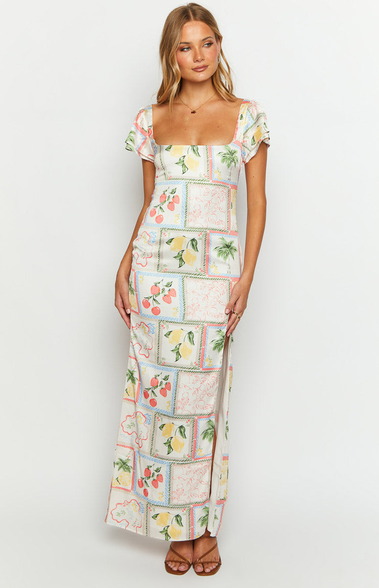 White Satin Roma Print Maxi Dress