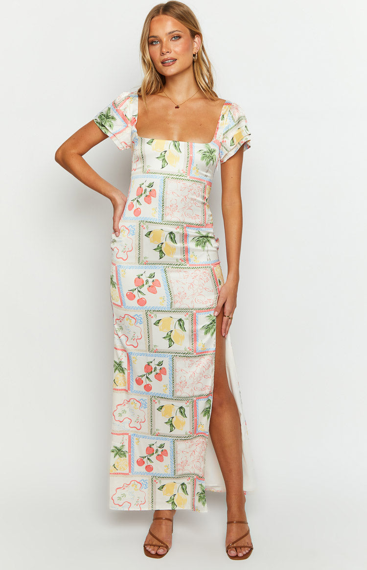 White Satin Roma Print Maxi Dress