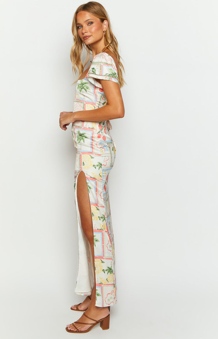 White Satin Roma Print Maxi Dress