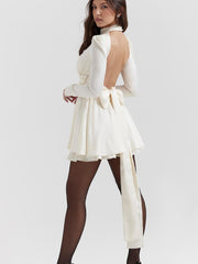 White Bow Back Long Sleeve Mini Dress
