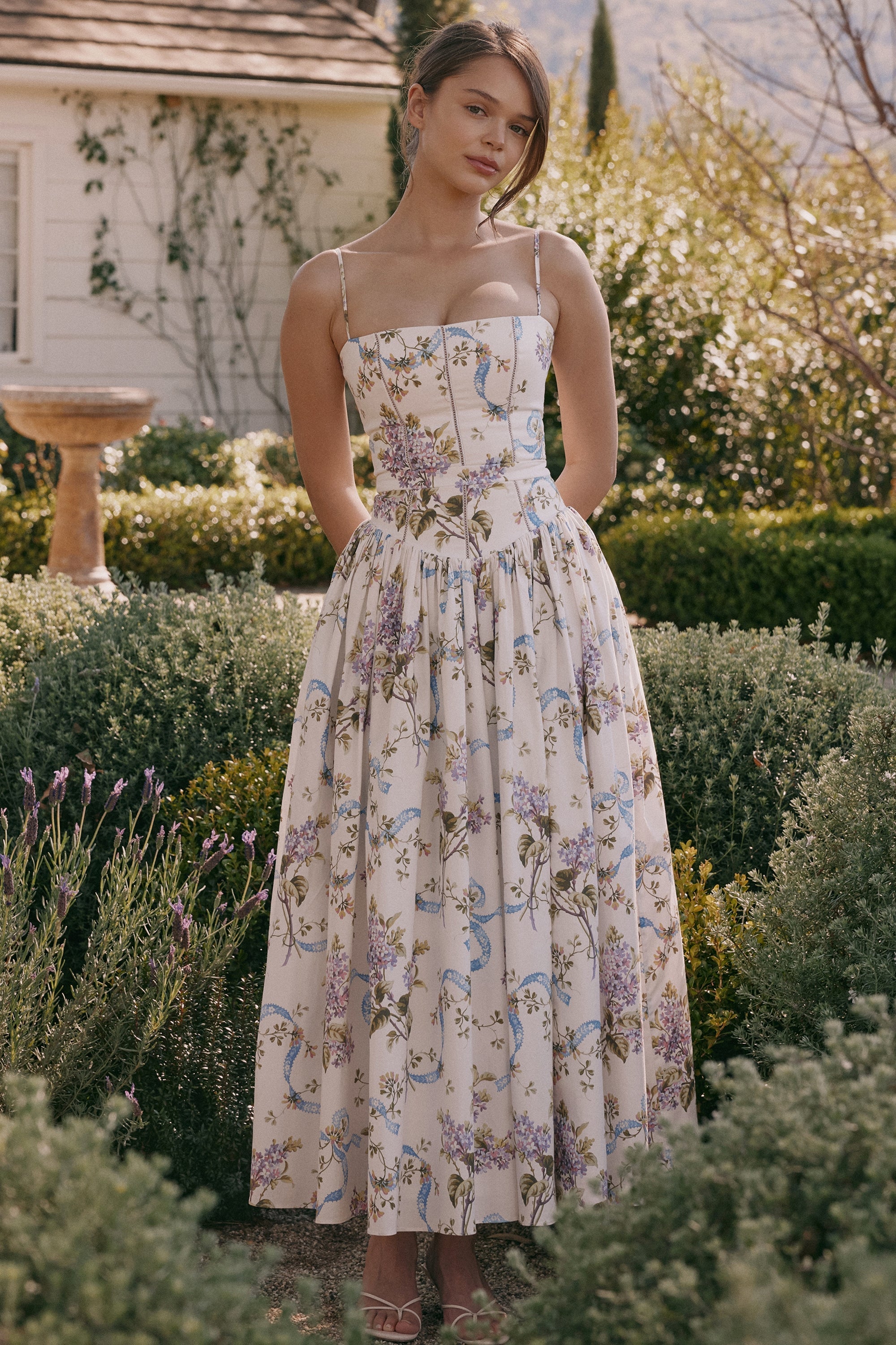 White Floral Pleated Waist Midi Dress