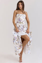 White Floral Pleated Waist Midi Dress