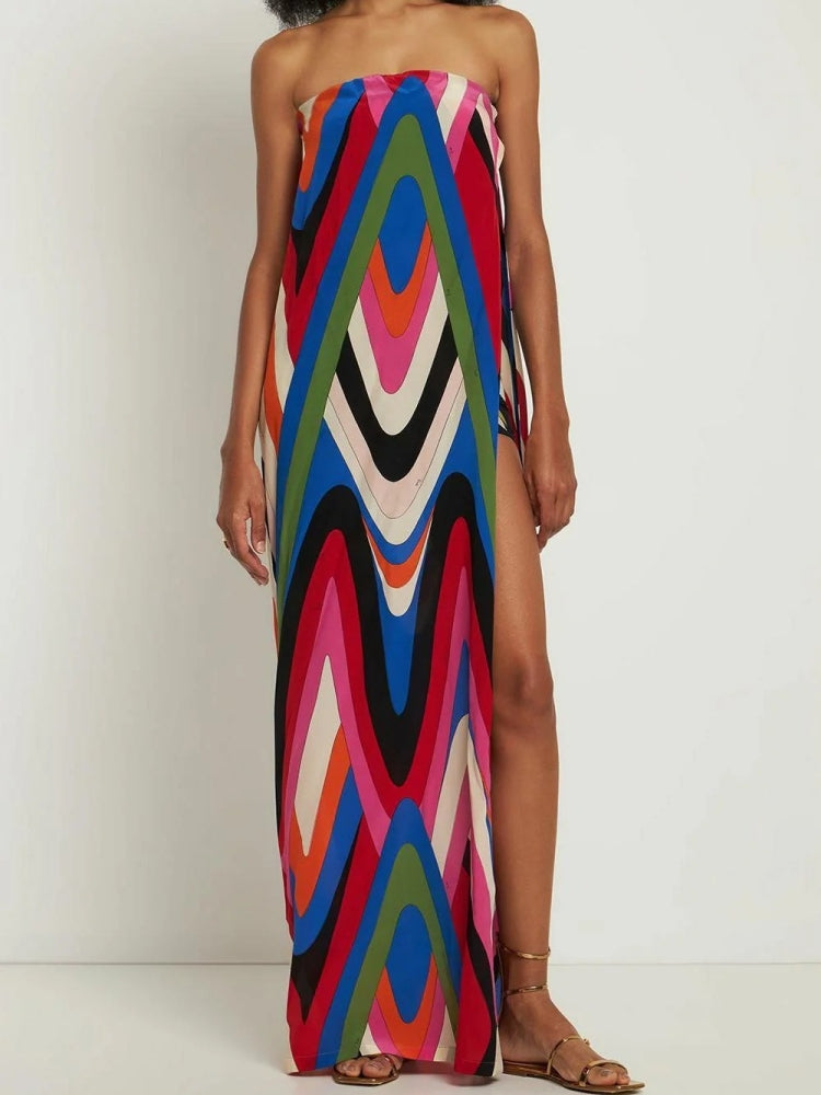 Rainbow Striped Strapless Side Slit Maxi Dress