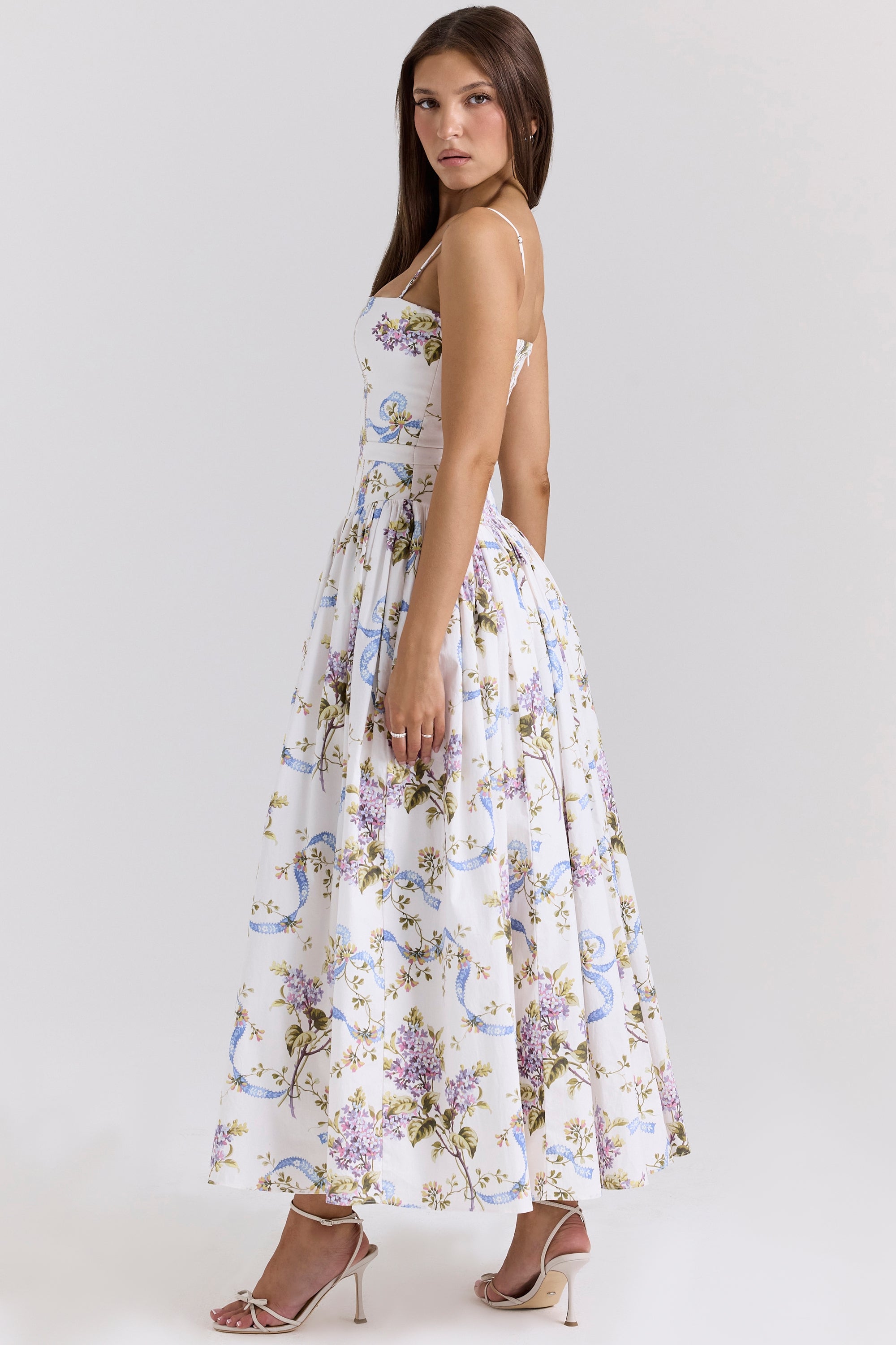 White Floral Pleated Waist Midi Dress