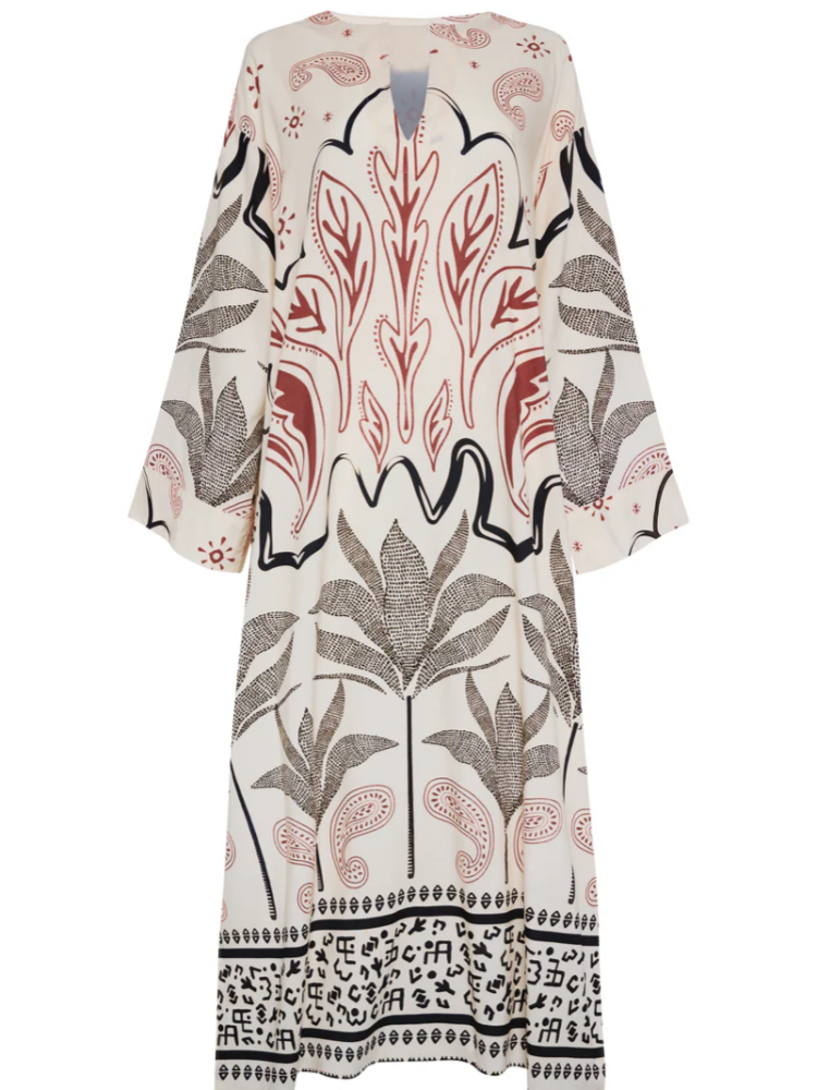 Grey Foliage Print High Slit Maxi Dress